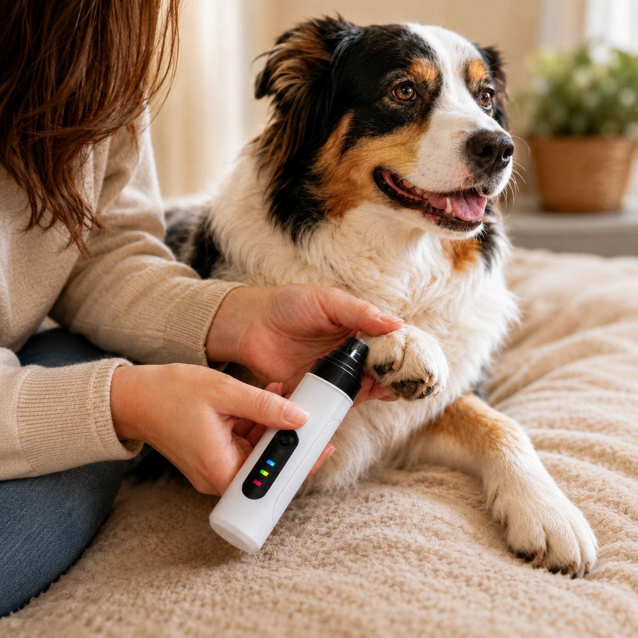 Woman using GentlePaw pet nail grinder on dog's paw - stress-free grooming at home
