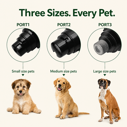GentlePaw three grinding ports - Port 1 for small pets, Port 2 for medium dogs, Port 3 for large breeds like boxers and labradors
