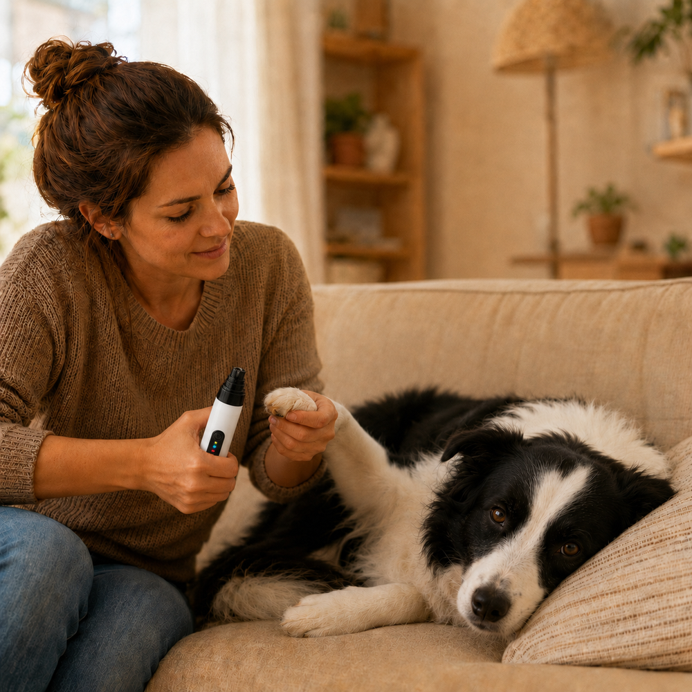 GentlePaw after - calm Border Collie lying relaxed during stress-free nail grinder session at home