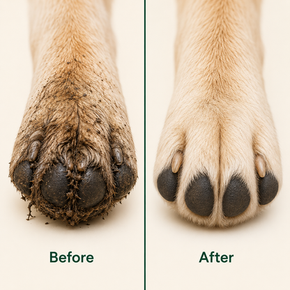GentlePaw Automatic Paw Cleaner before and after - muddy dog paw cleaned to fluffy and spotless in seconds