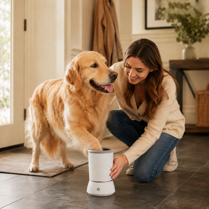 GentlePaw Automatic Paw Cleaner in use - woman cleaning muddy golden retriever paw in home entryway