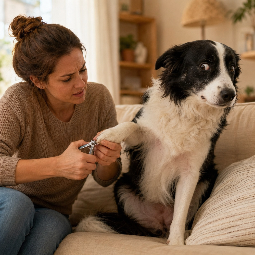 GentlePaw before - stressed dog pulling away from nail clippers during anxious grooming session at home