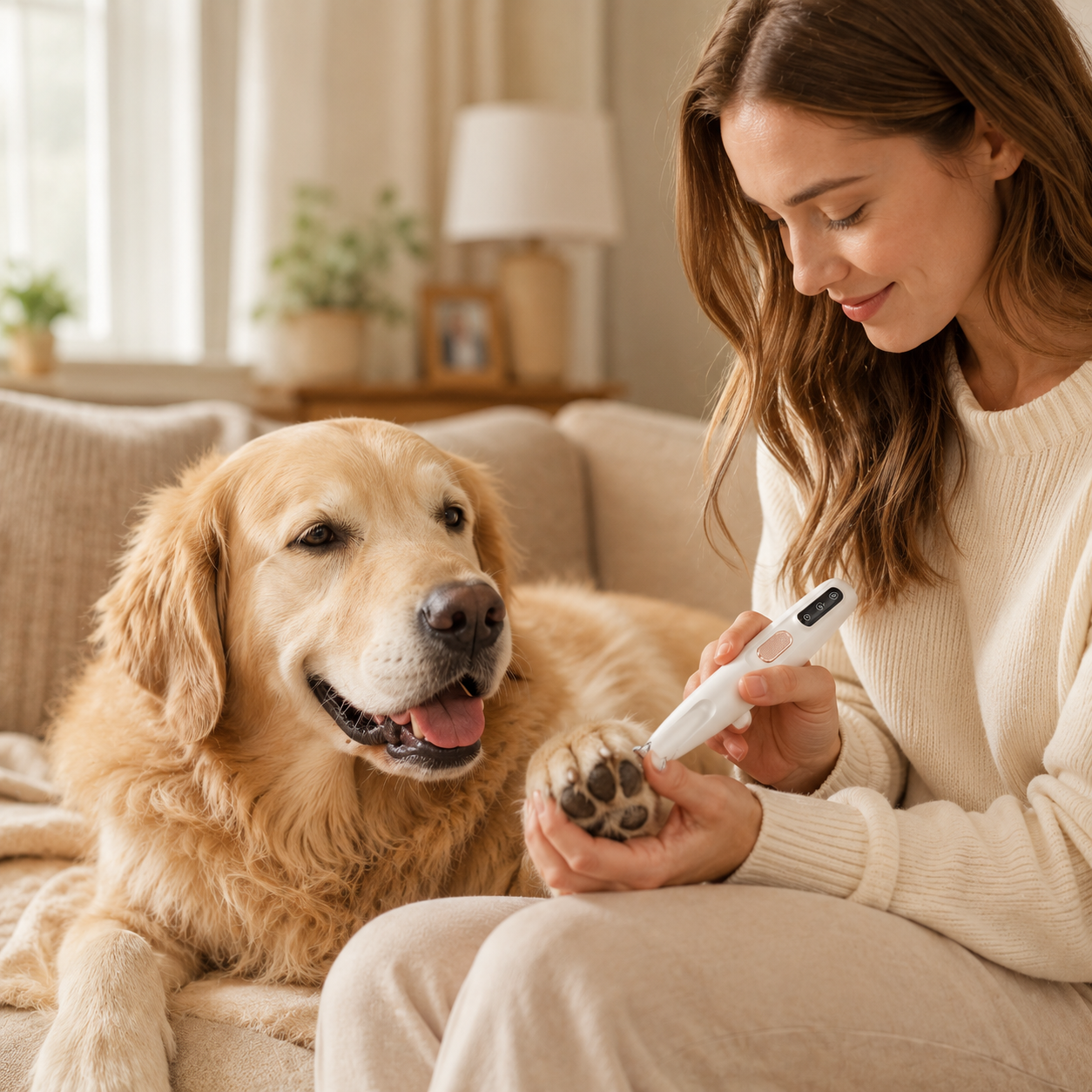 GentlePaw LED Paw Trimmer - woman gently trimming golden retriever's paw fur at home, dog relaxed and calm