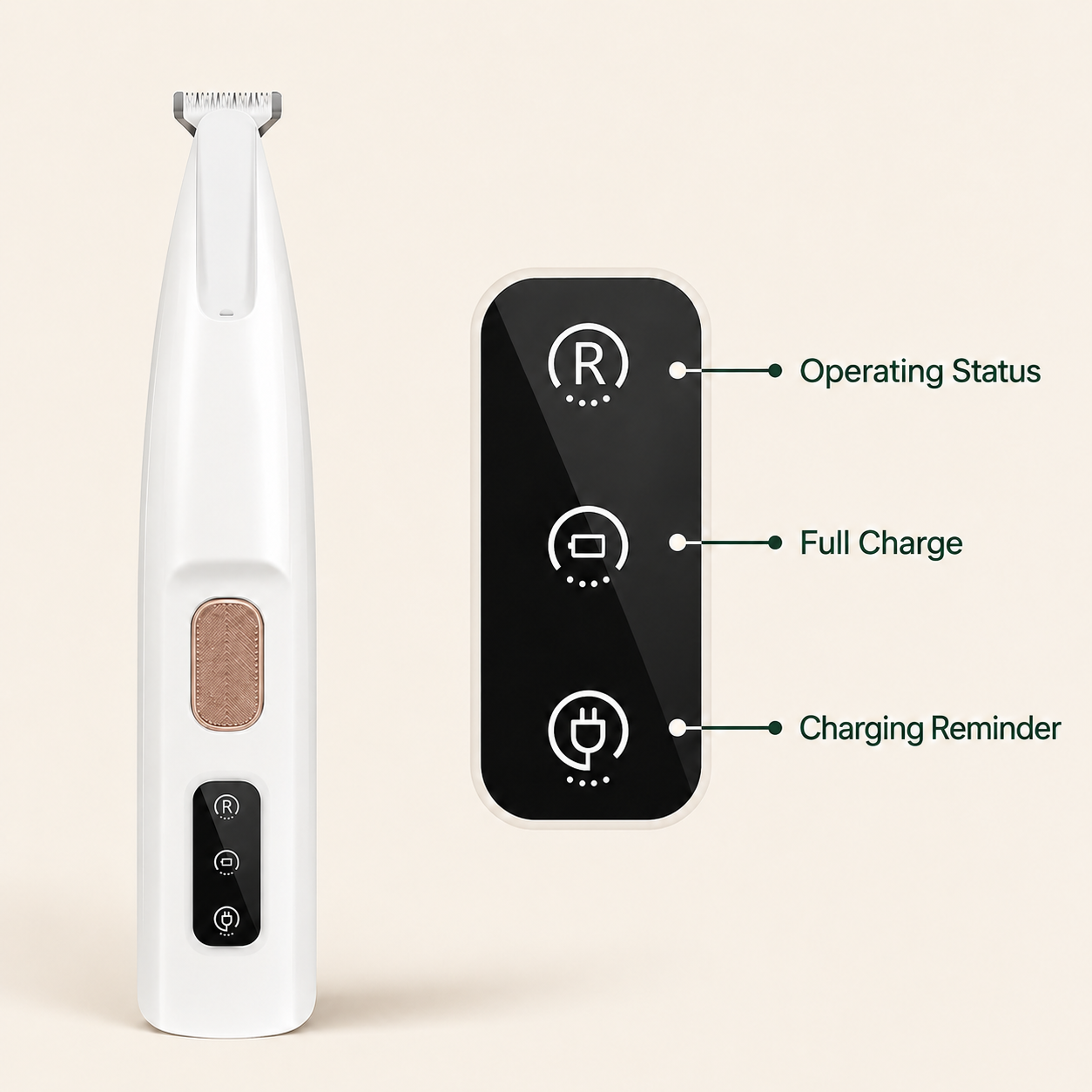 GentlePaw LED Paw Trimmer smart LED display showing operating status, full charge, and charging reminder indicators