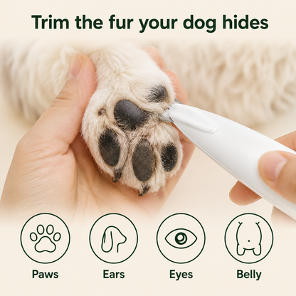 GentlePaw LED Paw Trimmer use case - trims fur around paws, ears, eyes, and belly for complete at-home pet grooming