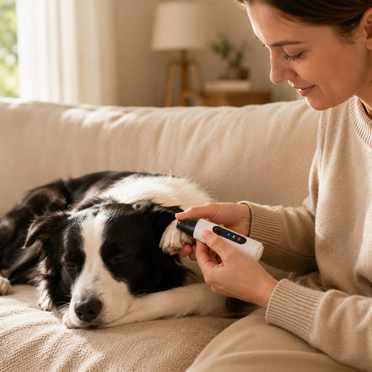 GentlePaw quiet nail grinder - calm Border Collie sleeping during stress-free at-home nail trim