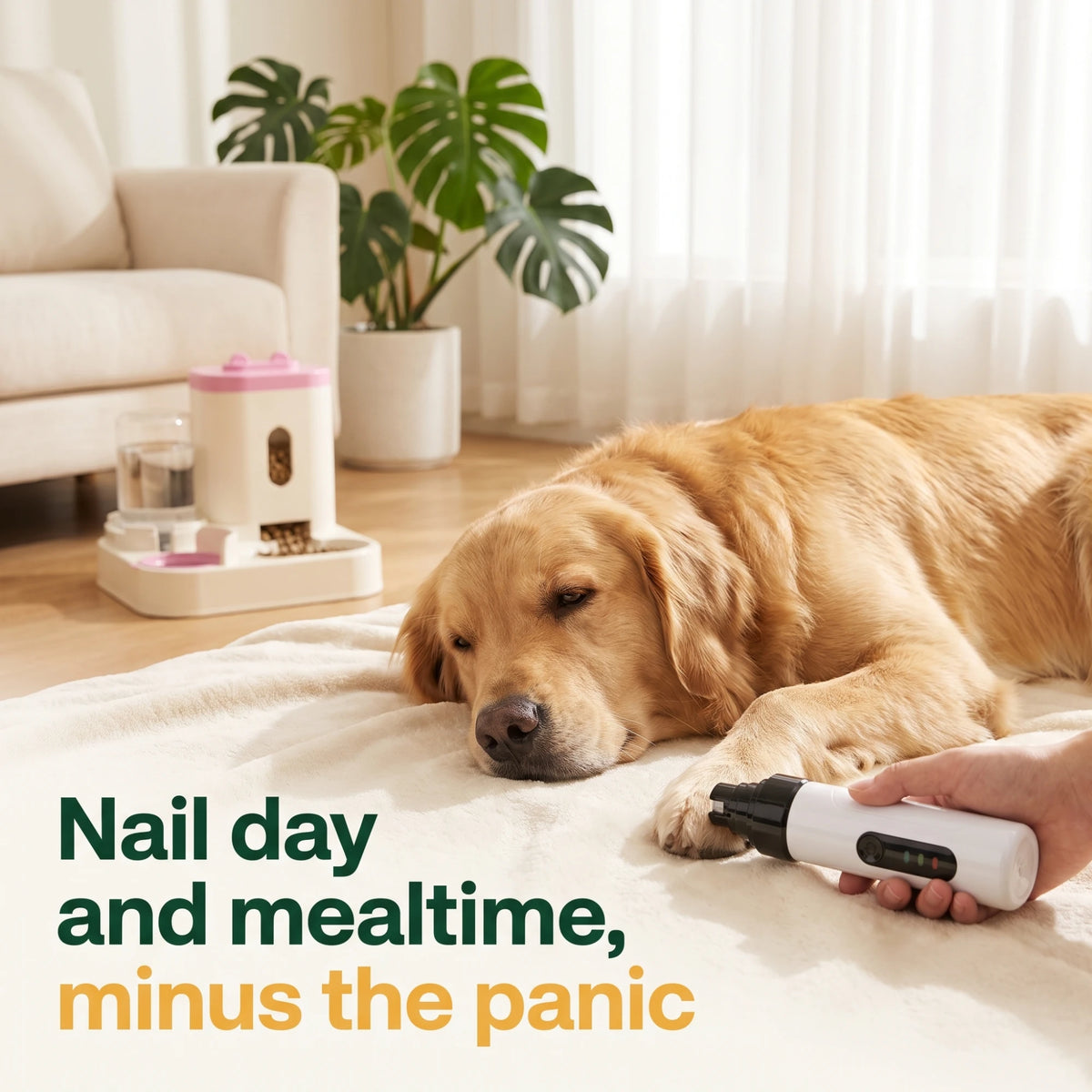 Nail day and mealtime, minus the panic - calm golden retriever at home
