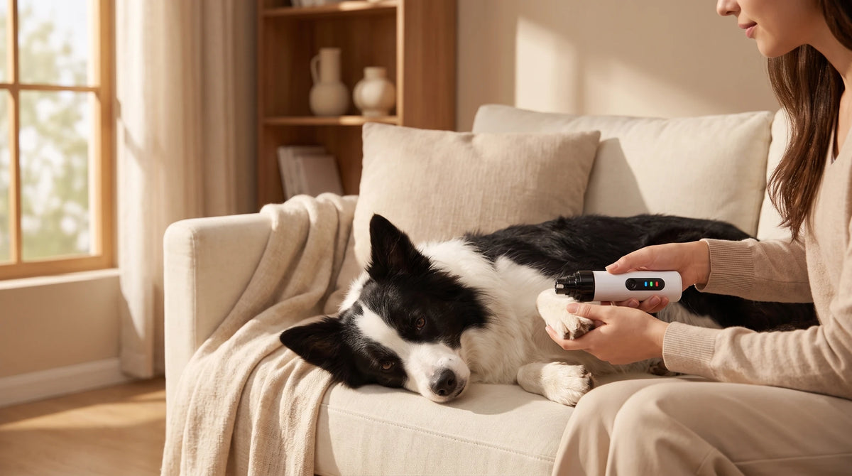 Calm border collie having its nail gently ground by its owner