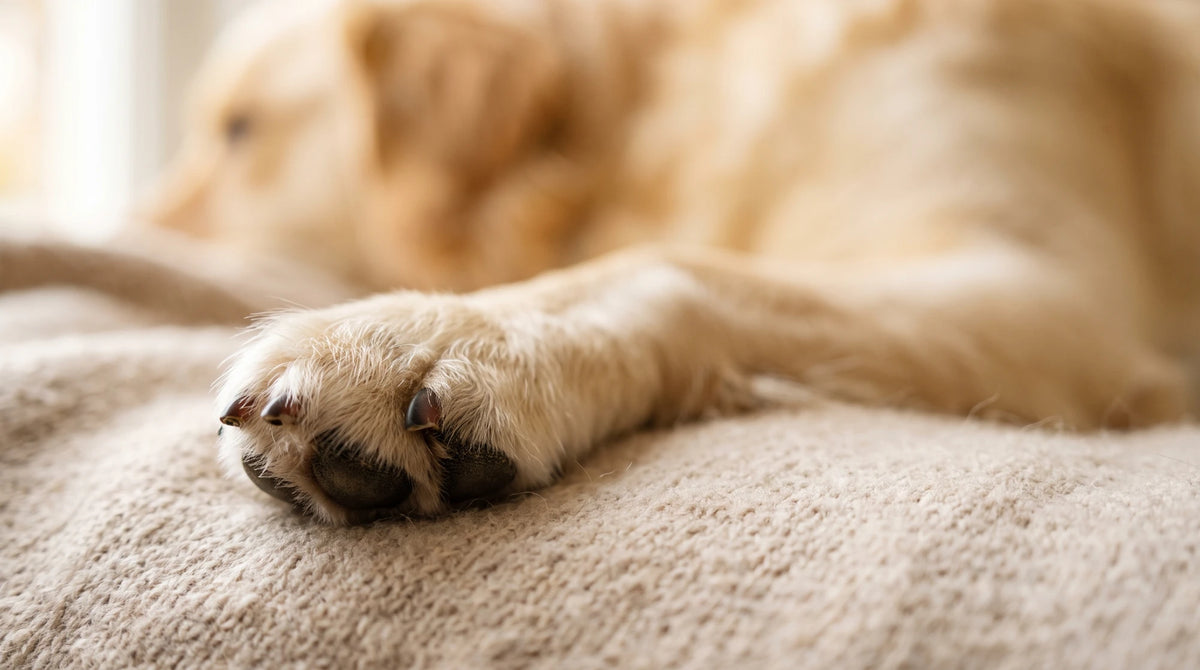 Close-up of a dog's neatly groomed paw resting on a soft blanket