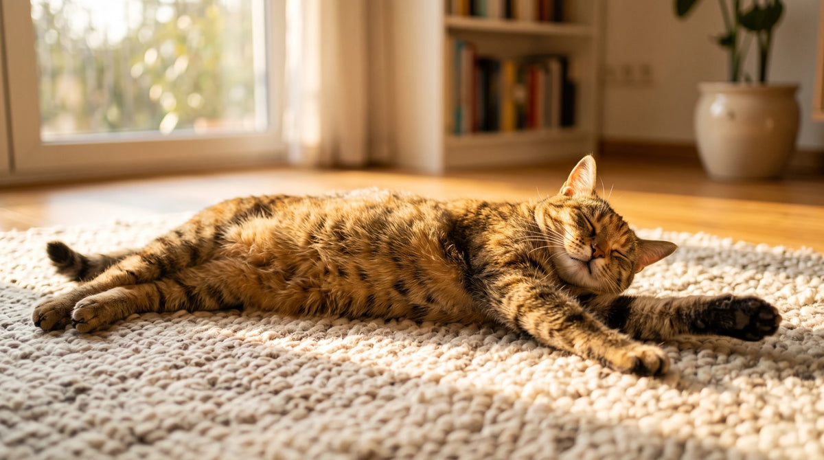 Tabby cat stretched out and relaxed in warm window light